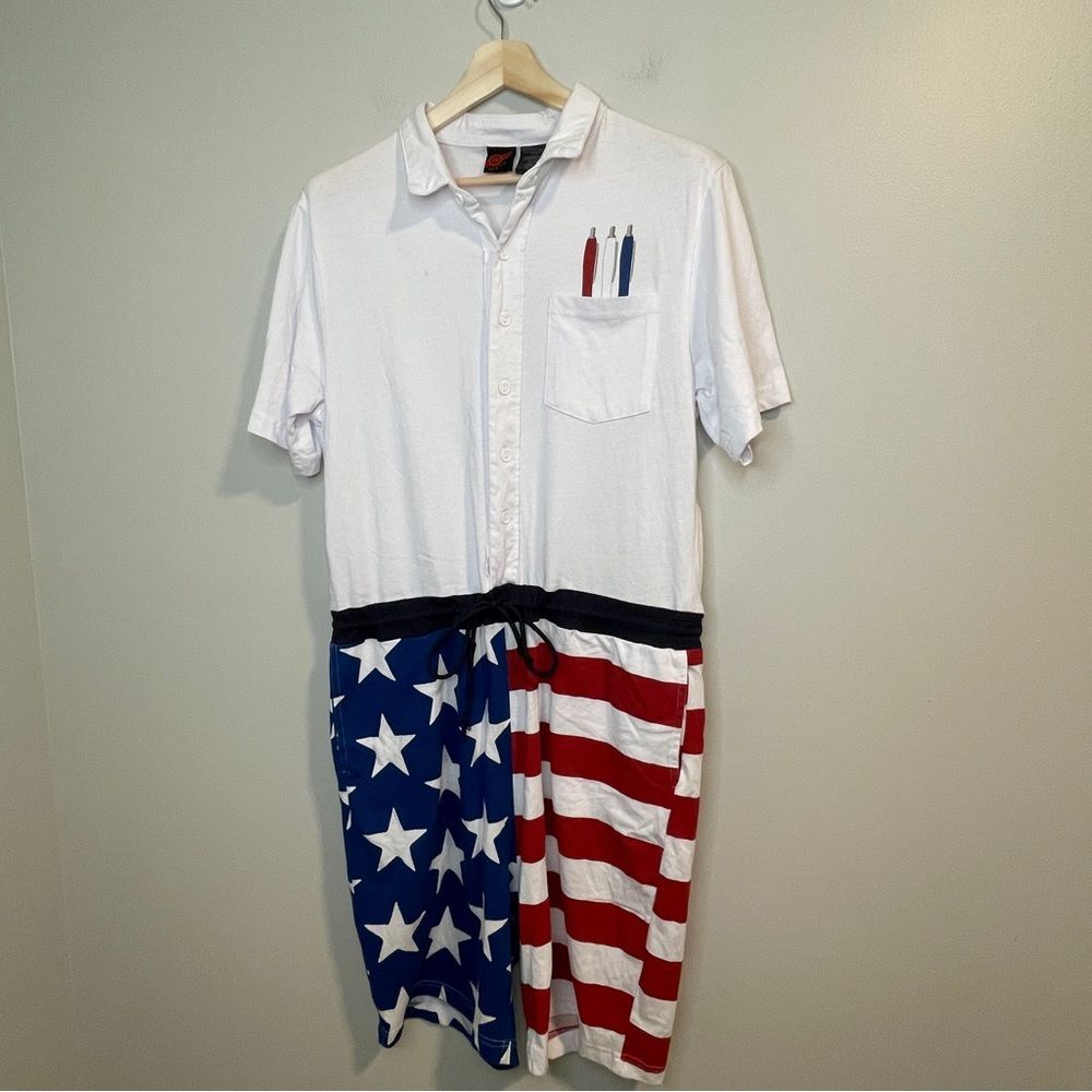 Mad Engine 4th Of July USA Romper Costume Mens Stars Stripes 1Pc Drawstring L